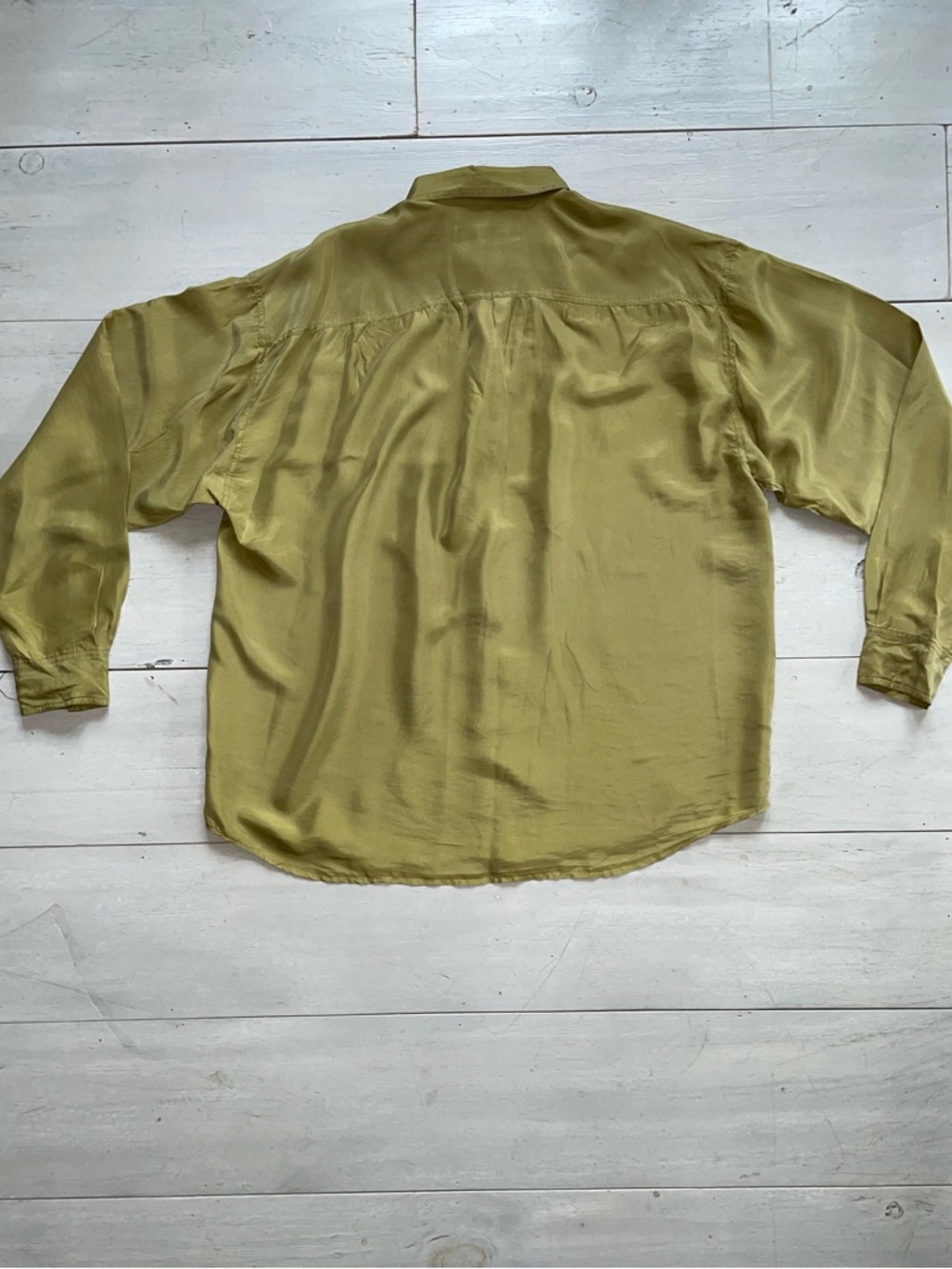 Fenn Wright Manson Men’s 100% Silk Button Down Long Sleeve Shirt L Olive Vtg - Picture 6 of 7